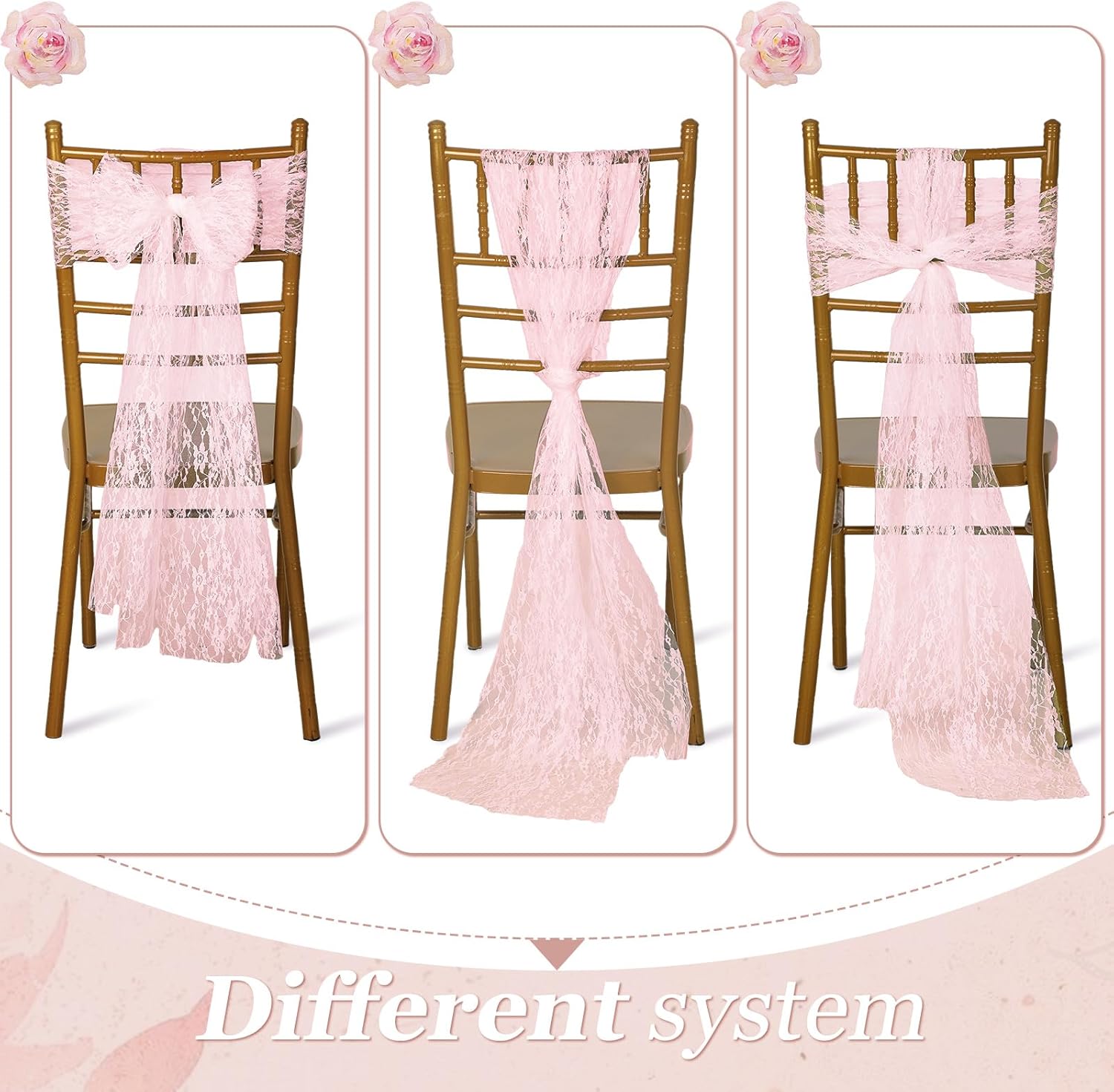 VitalCozy 50 Pcs Vintage Chair Sashes Embroidered Boho Bows Rustic Floral Chair Ties for Wedding Bridal Shower Baby Shower Birthday Party Table Decoration, 7 x 108 Inches(Lace,Pink)