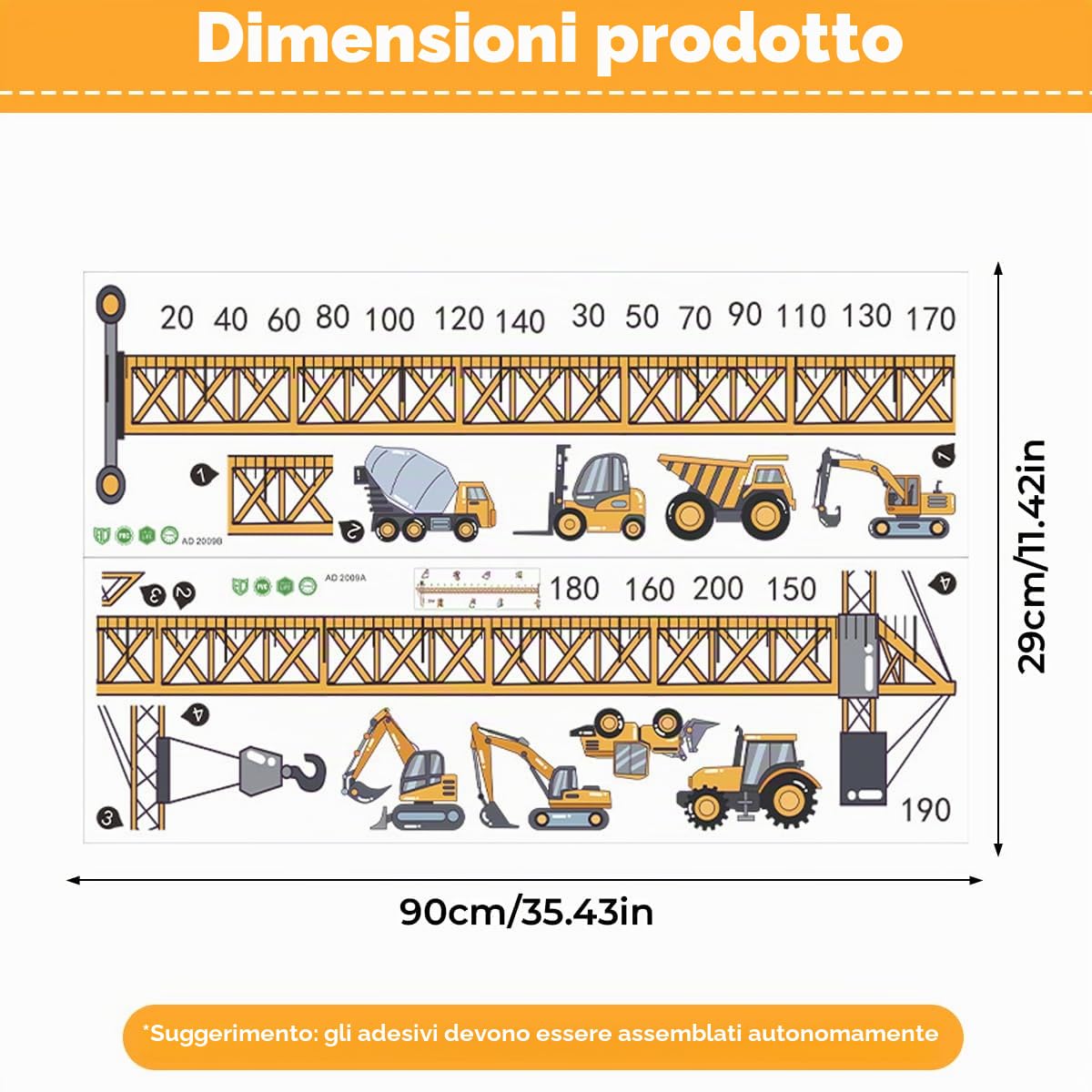 Metro Adesivo Bambini Parete, Metro da Parete per Bambini, Adesivi Cameretta Bimba con Metro a Nastro per Veicolo da Costruzione, Autoadesivo Rimovibile per Cameretta, Bambino e Ragazza, 20-200 cm