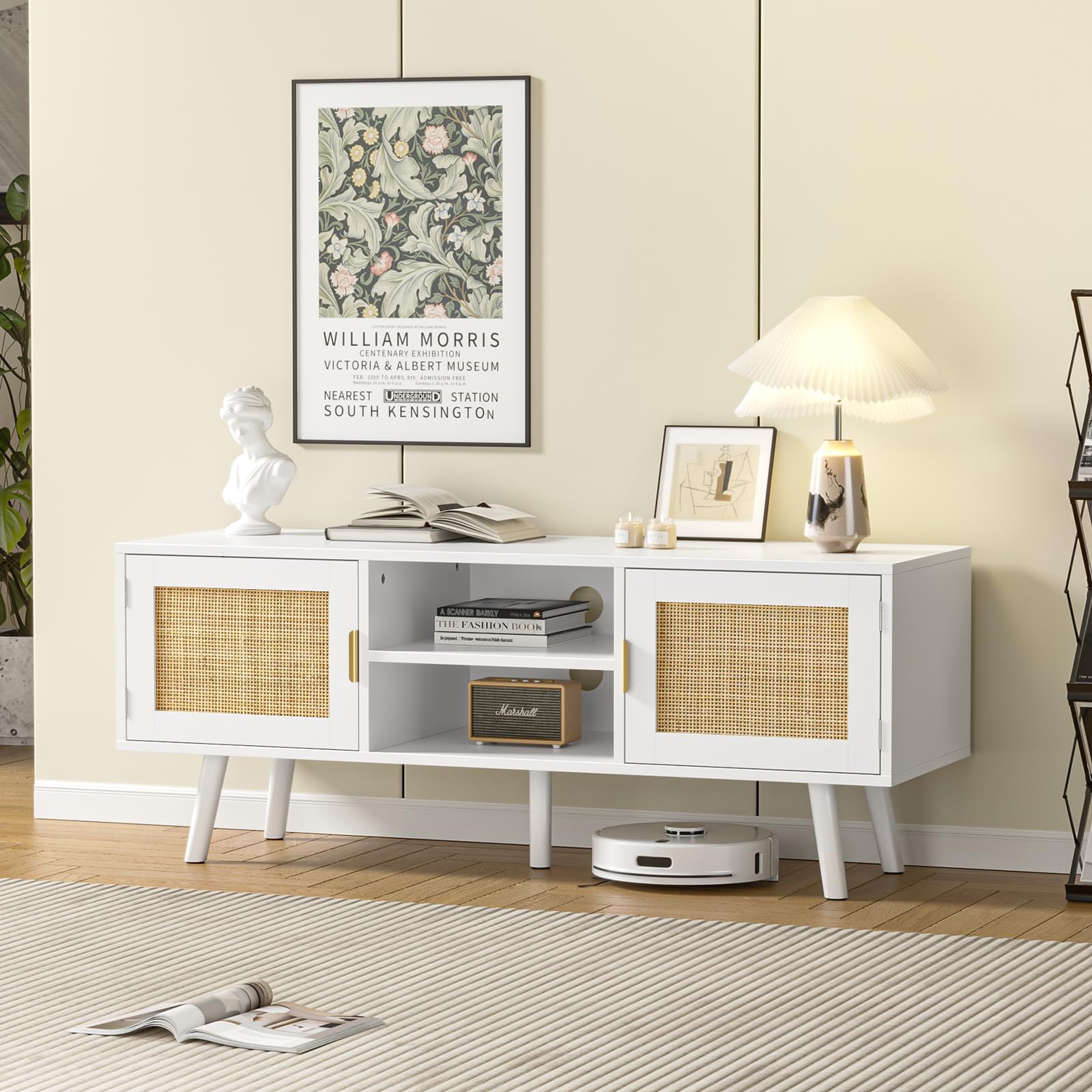 TV Schrank 120 x 40 x 49 cm TV Lowboard mit 2 Türen und 2 offenen Regalfächern, Ráttan Fernsehschrank für Fernseher bis zu 55 Zoll, TV Board für Wohnzimmer, Esszimmer, Schlafzimmer, Weiß