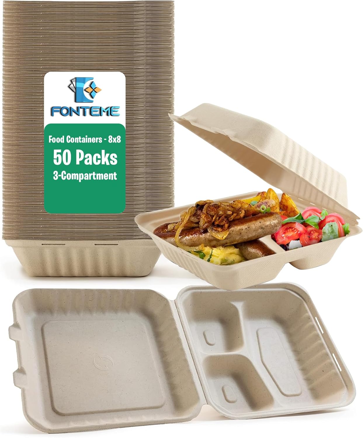 Clamshell Take Out Food Containers [8X8 50-Pack] | Meal Prep Containers with 3 Compartments | 100% Compostable, Microwave & Freezer Safe | To-go Hinged Container Made of Sugarcane Fibers