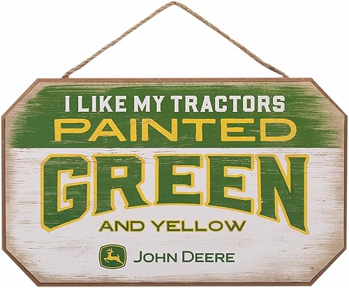 Open Road Brands John Deere I Like My Tractors - Decoración de pared de madera colgante verde y amarillo, letrero vintage de John Deere para