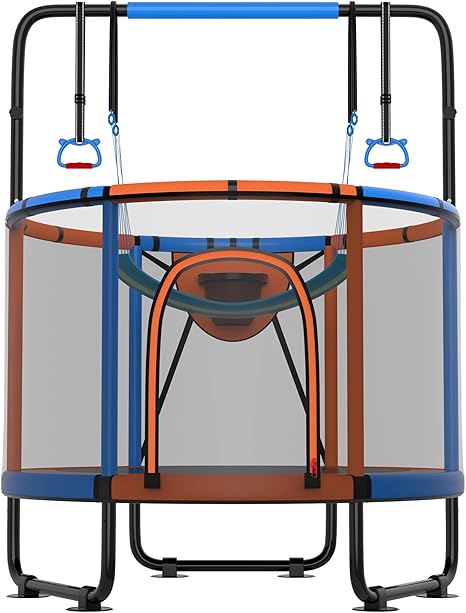 Trampoline for Kids 600LBS 4.5FT 5FT 5.5FT Toddler Indoor Outdoor with Safety Net, Swing, Adjustable Bar, 54'' 66'' Mini Small Trampoline with Basketball Hoop