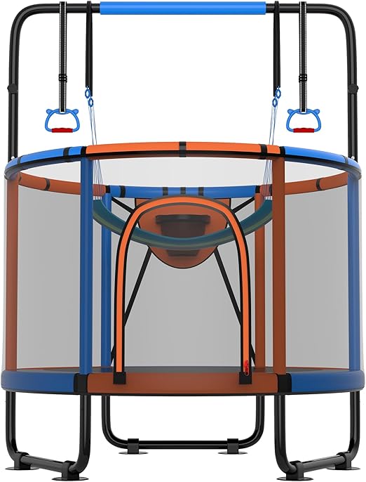 Trampoline for Kids 600LBS 4.5FT 5FT 5.5FT Toddler Indoor Outdoor with Safety Net, Swing, Adjustable Bar, 54'' 66'' Mini Small Trampoline with Basketball Hoop