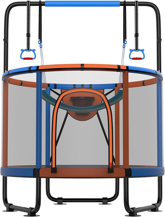 Trampoline for Kids 600LBS 4.5FT 5FT 5.5FT Toddler Indoor Outdoor with Safety Net, Swing, Adjustable Bar, 54'' 66'' Mini Small Trampoline with Basketball Hoop