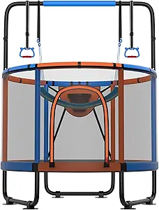 Trampoline for Kids 600LBS 4.5FT 5FT 5.5FT Toddler Indoor Outdoor with Safety Net, Swing, Adjustable Bar, 54'' 66'' Mini Small Trampoline with Basketball Hoop