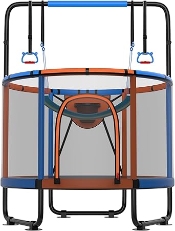 Trampoline for Kids 600LBS 4.5FT 5FT 5.5FT Toddler Indoor Outdoor with Safety Net, Swing, Adjustable Bar, 54'' 66'' Mini Small Trampoline with Basketball Hoop