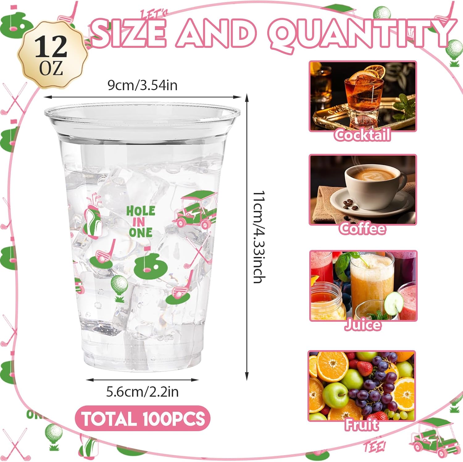 100Pcs Masters Golf Ball Plastic Party Cups, 12oz Pink Green Golf Disposable Clear Cups for Home Sports Party Decorations, Birthday, Holiday Gatherings Favors
