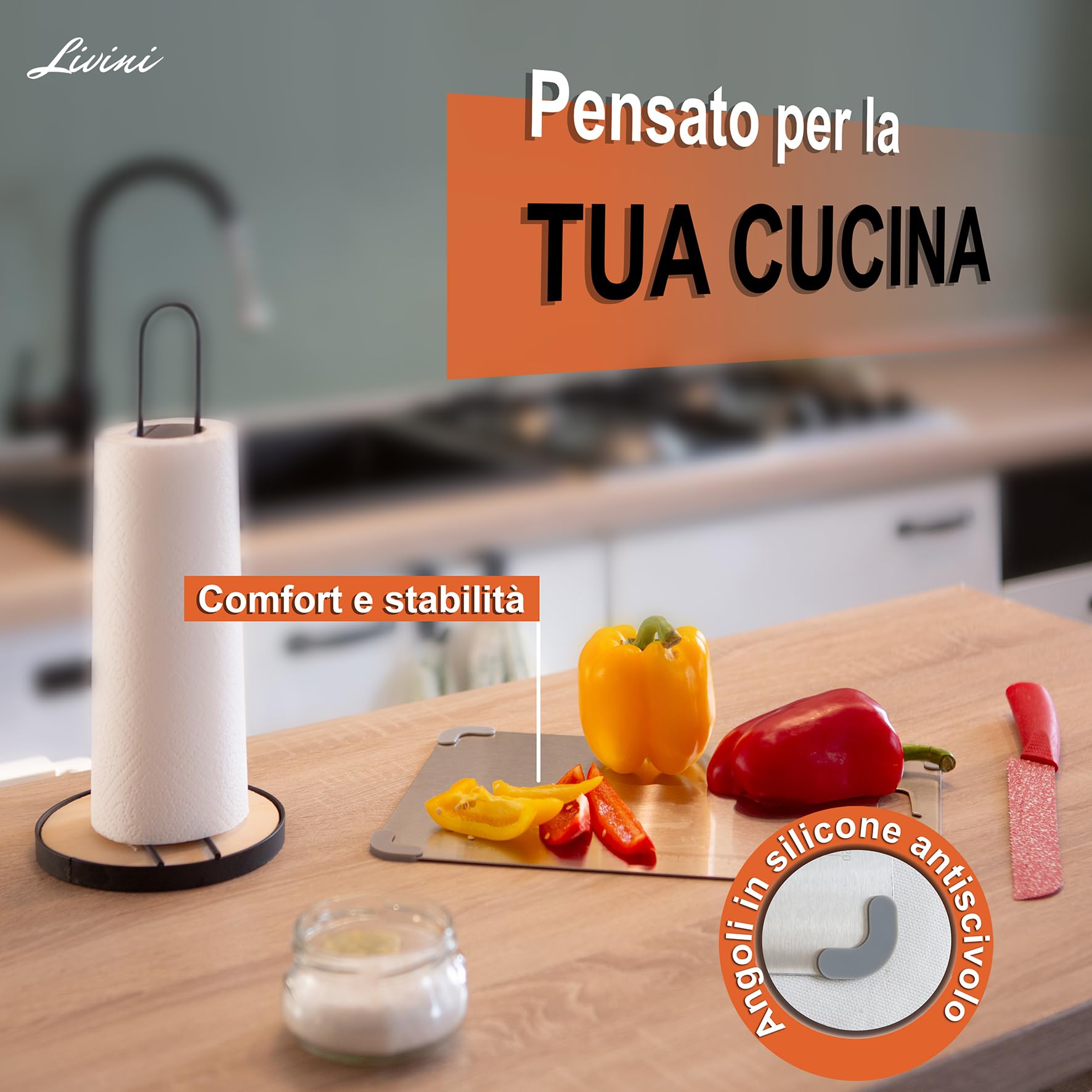 LIVINI Tagliere in Acciaio Inox 304 Alimentare 34x23cm, Tagliere da Cucina Professionale con Angoli Antiscivolo Rimuovibili in Silicone Antibatterico, Righello inciso per un Taglio preciso