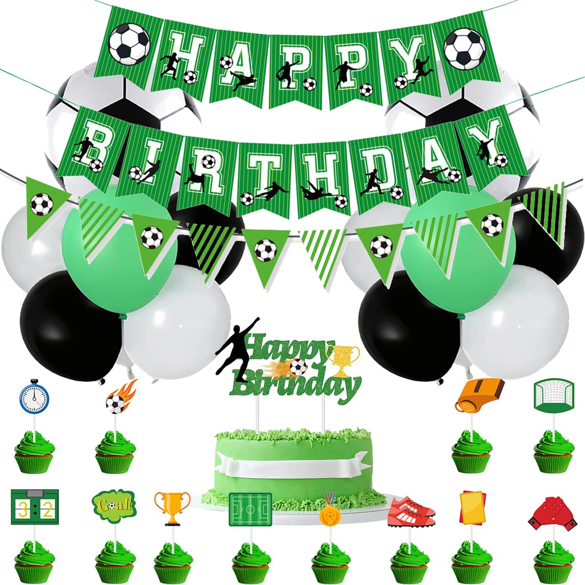 Fuwraixis football Balloon Decoration, 29 pieces football birthday Party Deco, Sports theme Party Supplies Set, Includes birthday banners, Triangular flag, cake toppers and balloons
