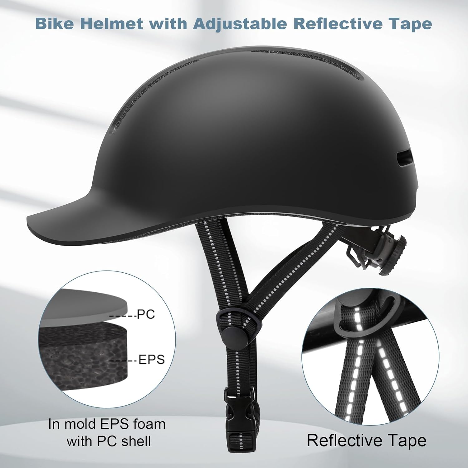 Shinmax Bike Helmet - Lightweight Adjustable Baseball Cap Style Cycling Helmet with Long Visor, Reflective Strip, for Urban Commuter, Mountain & Road Biking