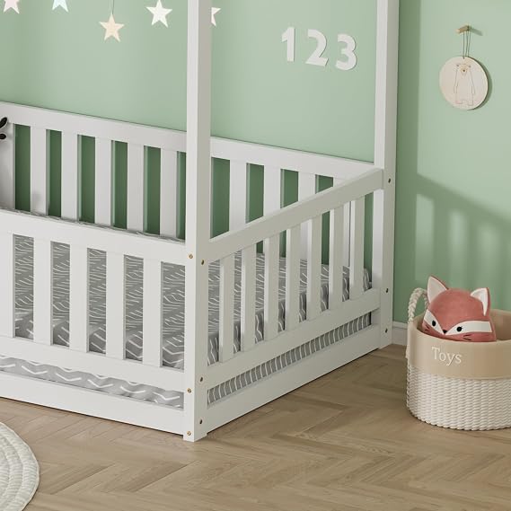 Kids House Bed Frame with Safety Guard Rails, Solid Pine Wood Toddler Floor Bed White for Children, Montessori Bed with Protection for Girls Boys,196x98x178CM
