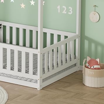 Kids House Bed Frame with Safety Guard Rails, Solid Pine Wood Toddler Floor Bed White for Children, Montessori Bed with Protection for Girls Boys,196x98x178CM