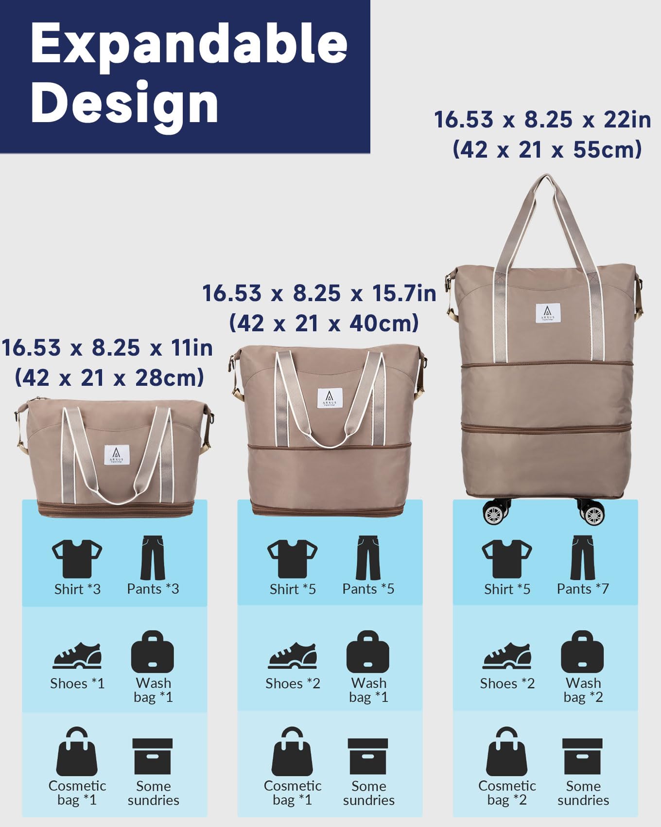 Arxus Reisetasche Erweiterbar mit Rollen, Faltbare Handgepäck Tasche Großer Reisetaschen für Damen und Herren zum Reisen Sport Camping Weekender Übernachtung 25L-55L