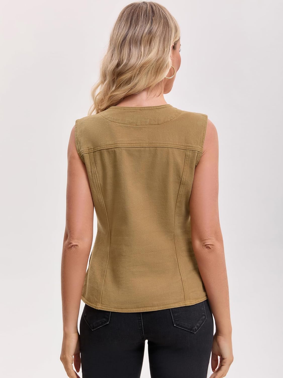 Women's Casual Denim Vest V Neck Patch Pockets Button Down Sleeveless Jean Jacket - Image 3