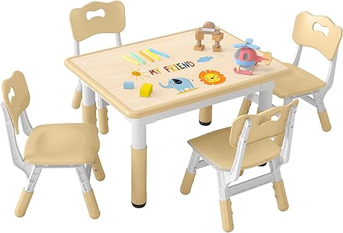 Juego de mesa y 4 sillas para niños de altura ajustable, juego de mesa y silla para niños pequeños con escritorio de graffiti, 31.5 pulgadas de