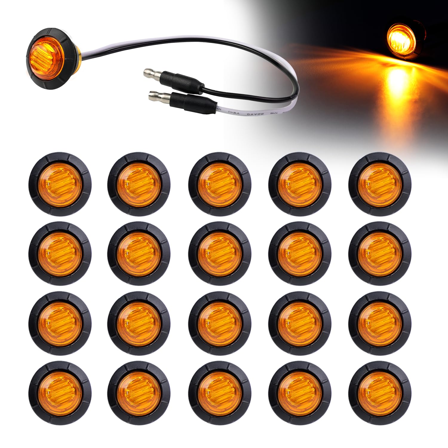 20 Pcs 3/4 Inch Mini Round Amber Button Side Marker Lights 3 LED with Connector Plugs for Trailer Truck Lorry SUV ATV RV Bus Clearance Signal Lamps 12V DC