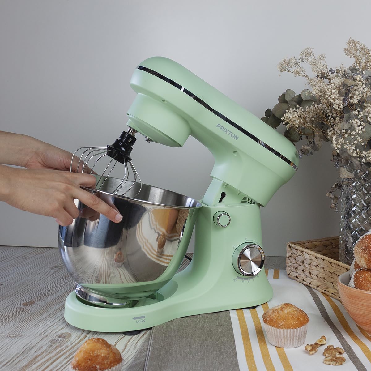 PRIXTON Batidora Amasadora KR250 para Repostería, Potencia 1500W, 10 Velocidades, Bol Acero Inoxidable de 5 litros, 3 accesorios, Tapa Transparente, Color Verde Mint Mate (Reacondicionado)