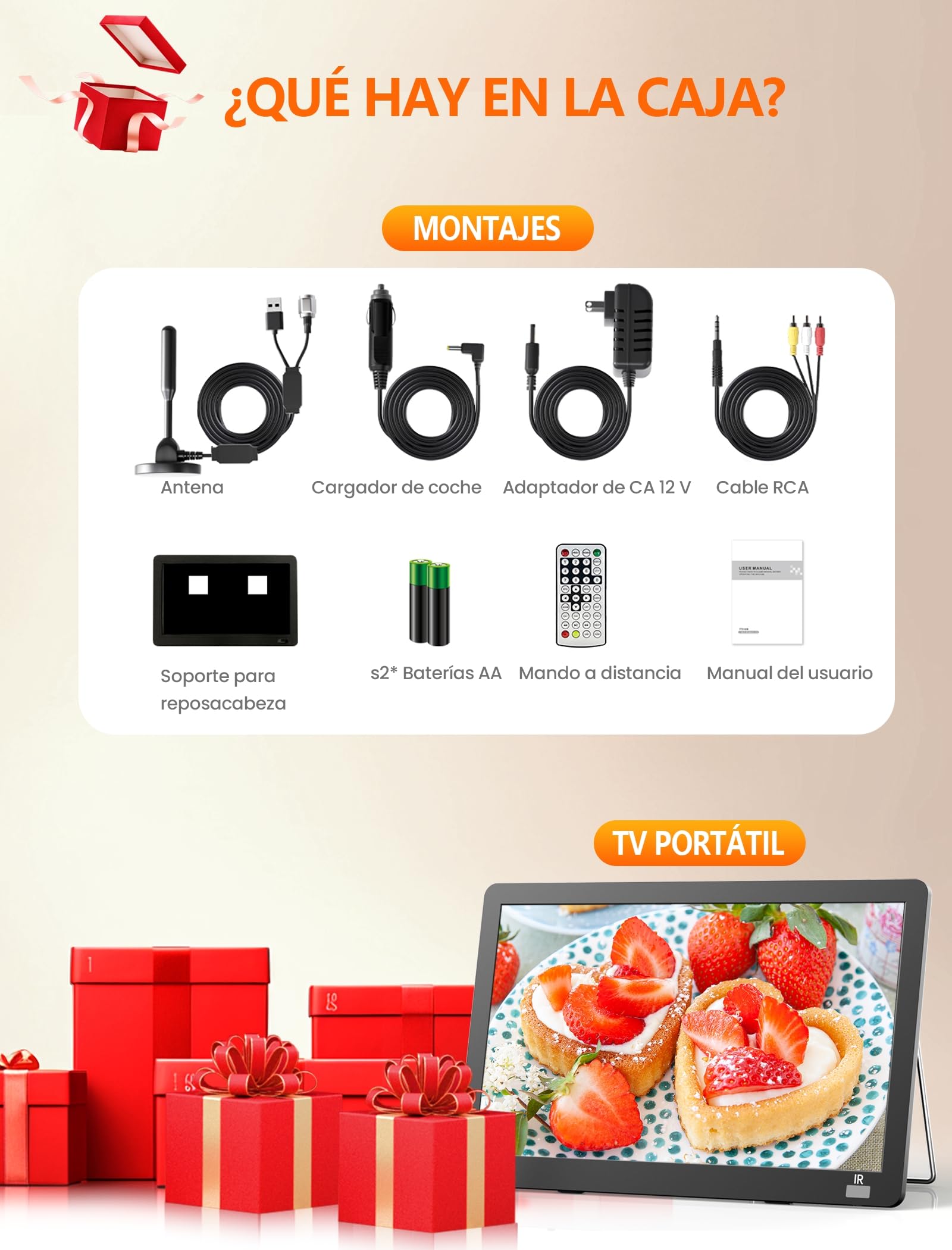 Desobry Televisores portátil de 14,2 Pulgadas, 1080P Recargable TV pequeña con Antena y sintonizador DVB-T2, al Aire Libre con Soporte de Entrada HDMI/USB/AV, TV pequeñas para Cocina