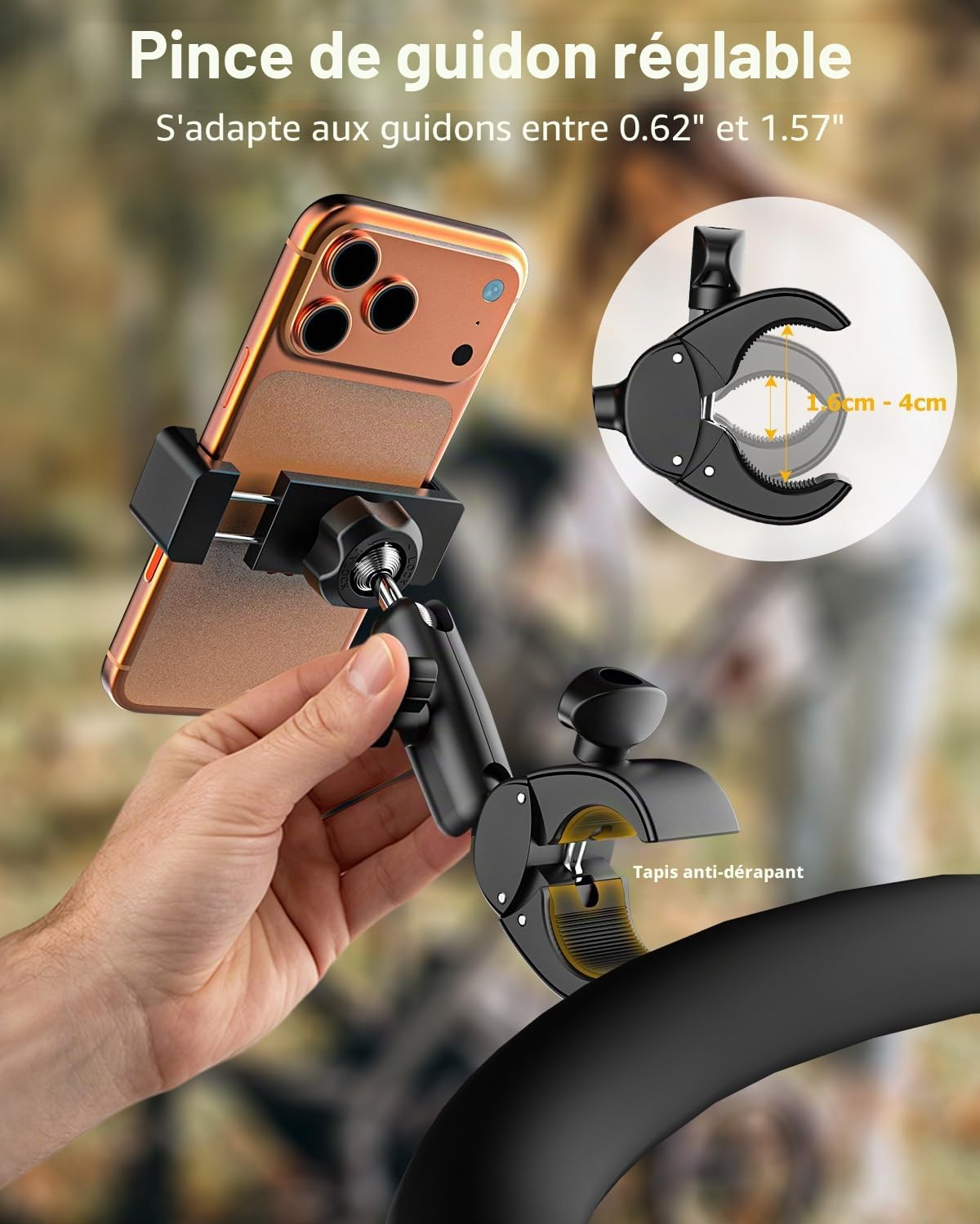 Support Téléphone Poussette - Bras Métallique à 360° & Super Stable | Velo Appartement Home Trainer Tapis de Course Support Guidon pour iPhone 17 Pro Max, 16, 15, Galaxy S26, S25, Pixel, 4-7"