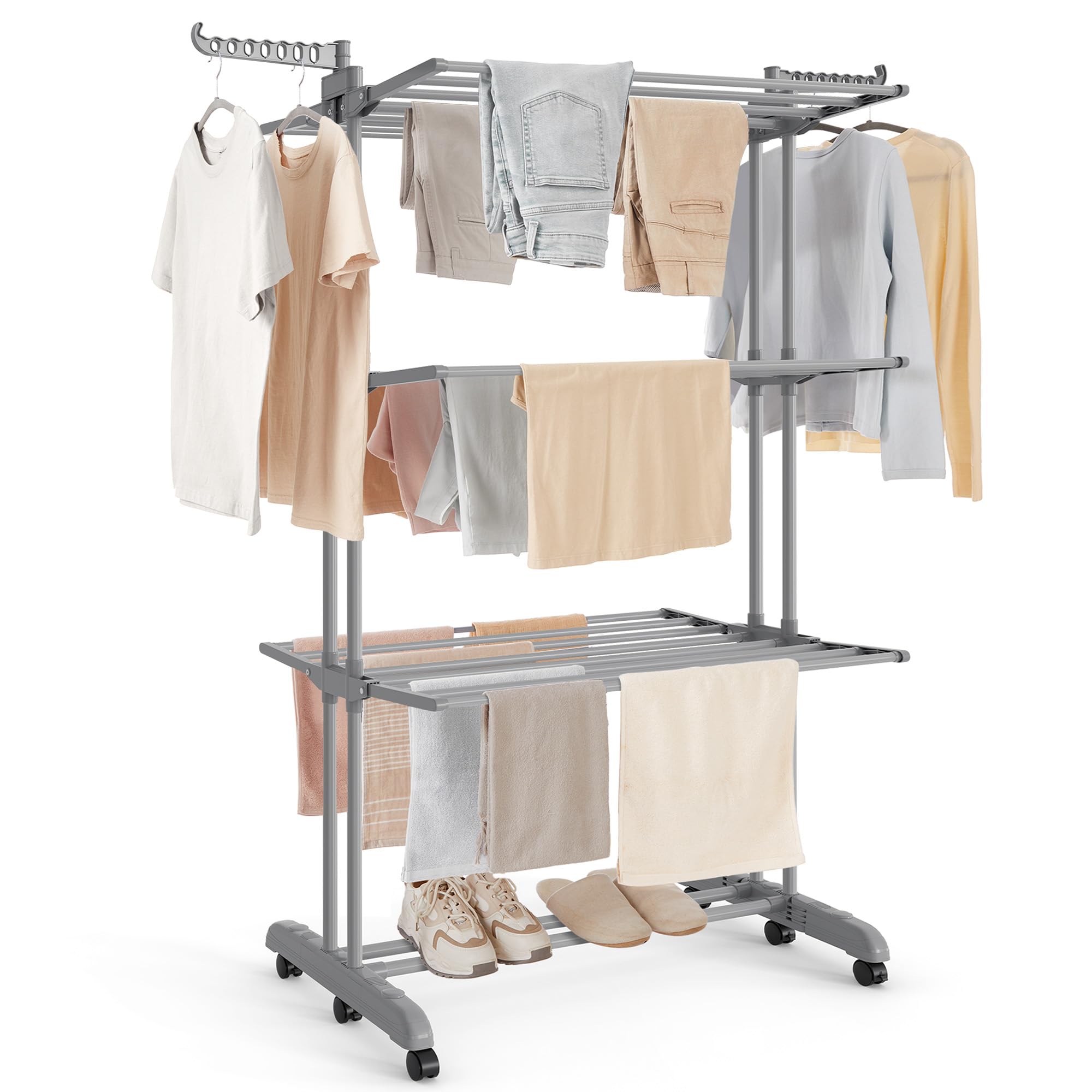 SONGMICS Stendibiancheria Pieghevole a 4 Livelli, con Ruote | Stendino con Ali Richiudibili, 125,5 x 63,5 x 172,5 cm, Uso Interno ed Esterno, Grigio, Collezione BUNJI LLR703G01