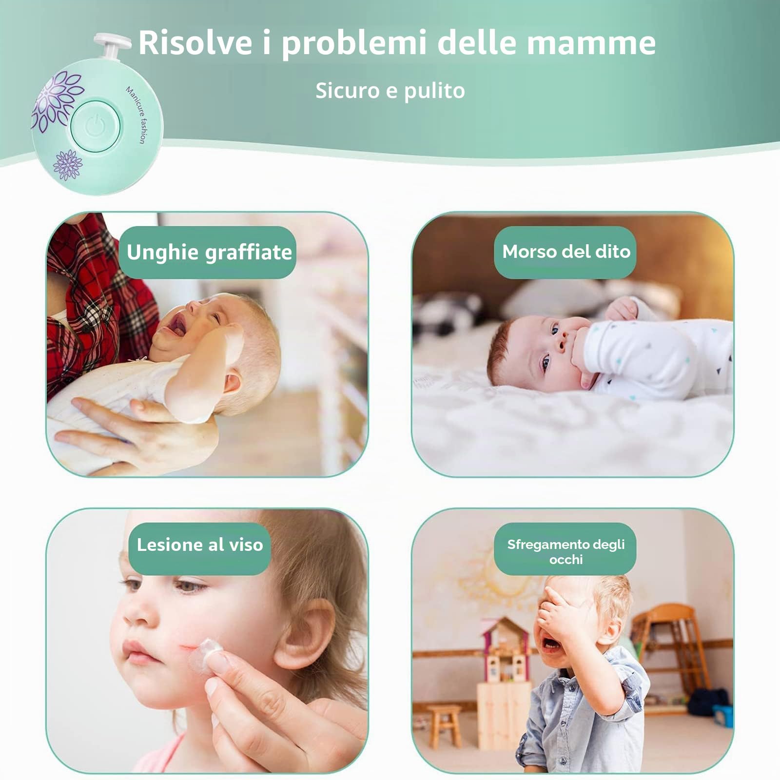 Tagliaunghie Neonato,Lima unghie neonato,Lima Unghie per Bambini 6 in 1 Lima per Unghie elettrica per Bambini Lima per unghie elettrica per neonati (Vert)