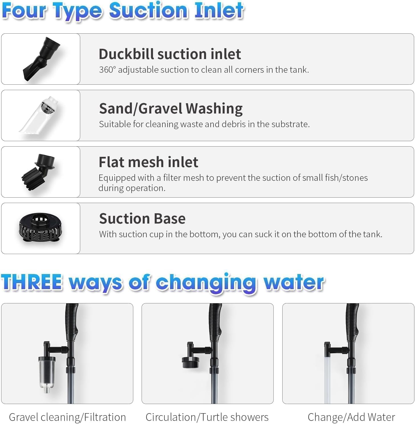 Nettoyeur de gravier électrique pour aquarium, 530 GPH avec changeur d'eau, rondelle de sable, extracteur de débris, pompe silencieuse de 32 W pour aquariums d'eau douce, bleu (bleu)