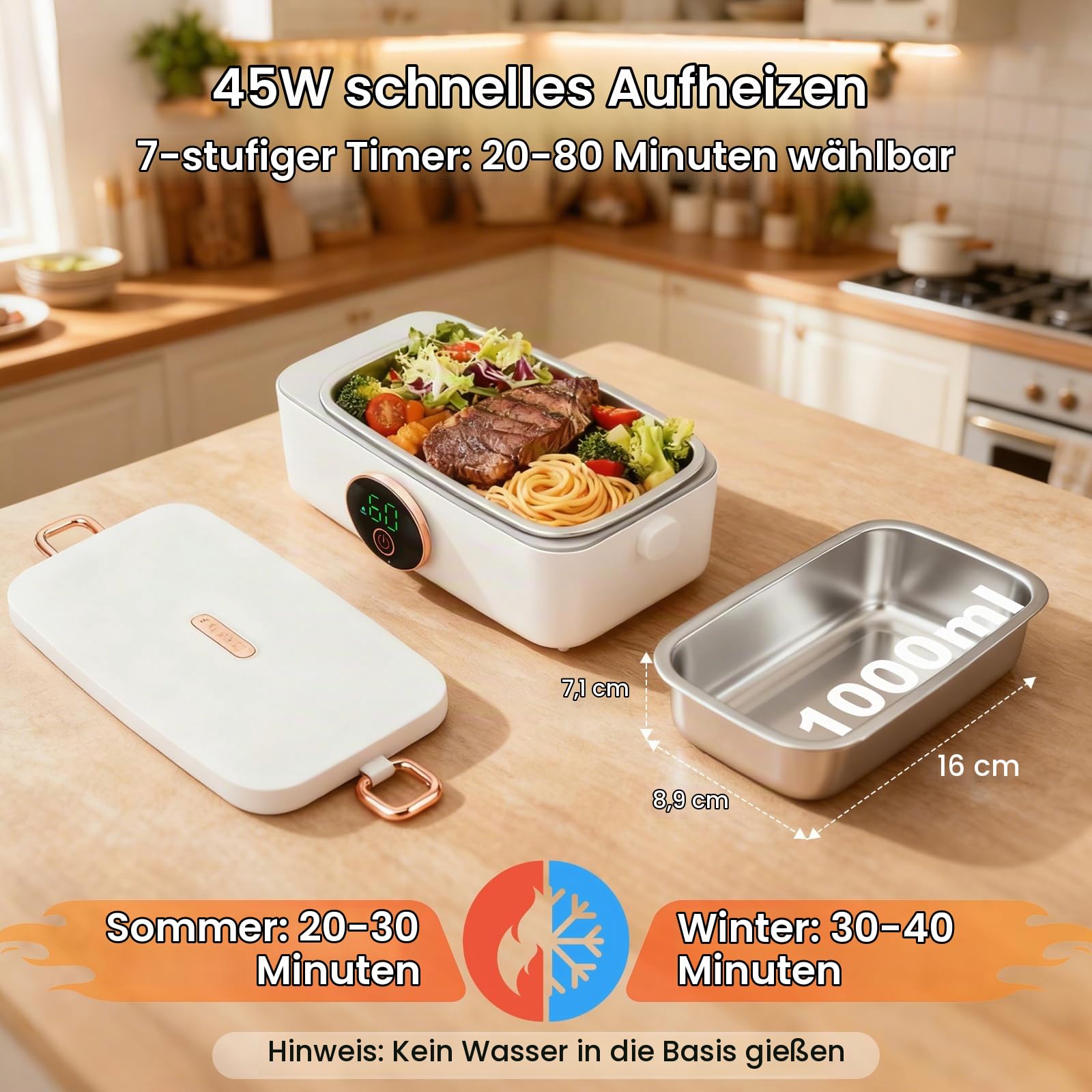 Elektrische Lunchbox mit Akku, Kabelloses Tragbare Beheizte Lunchbox, 1L Herausnehmbare Edelstahl-Brotdose, Isoliert & Selbstaufheizend, 6 Temperatur & 6 Timer, für Büro, Picknick, Auto, Außen
