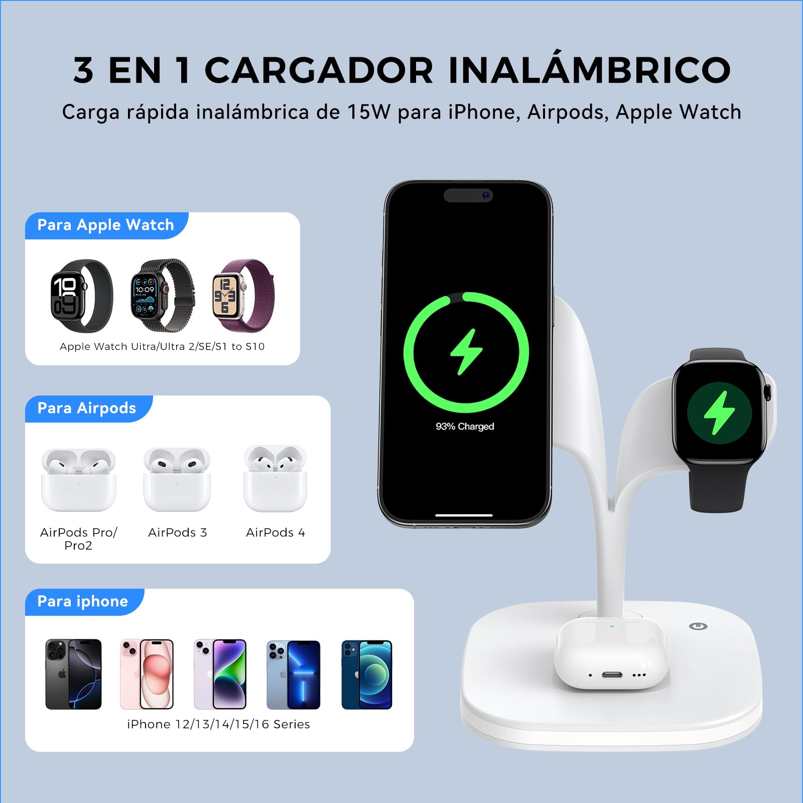 HJCE Estacion de Carga 3 en 1 para Apple MagSafe Cargador Inalámbrico para iPhone 17e Air 17 16 15 14 13 12 Series, para Apple Watch 11/10/9/8/7/6/5/4/3/2/SE/Ultra, para AirPods 3/2/Pro
