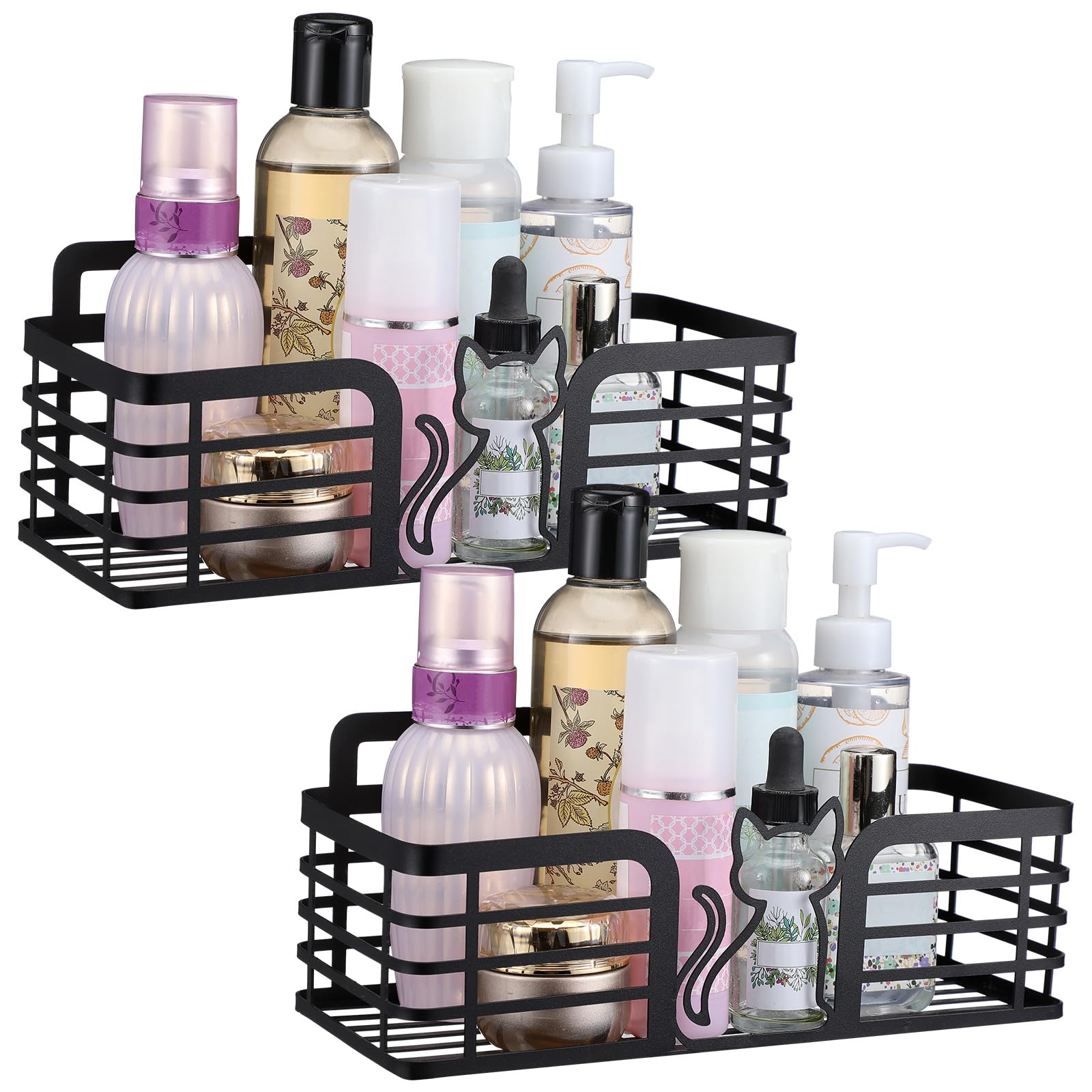 Otoolling 2 Pack Shower Caddy with Cat Black Metal Adhesive Shower Shelves Organizer Decorative Wall Mounted No Drilling
