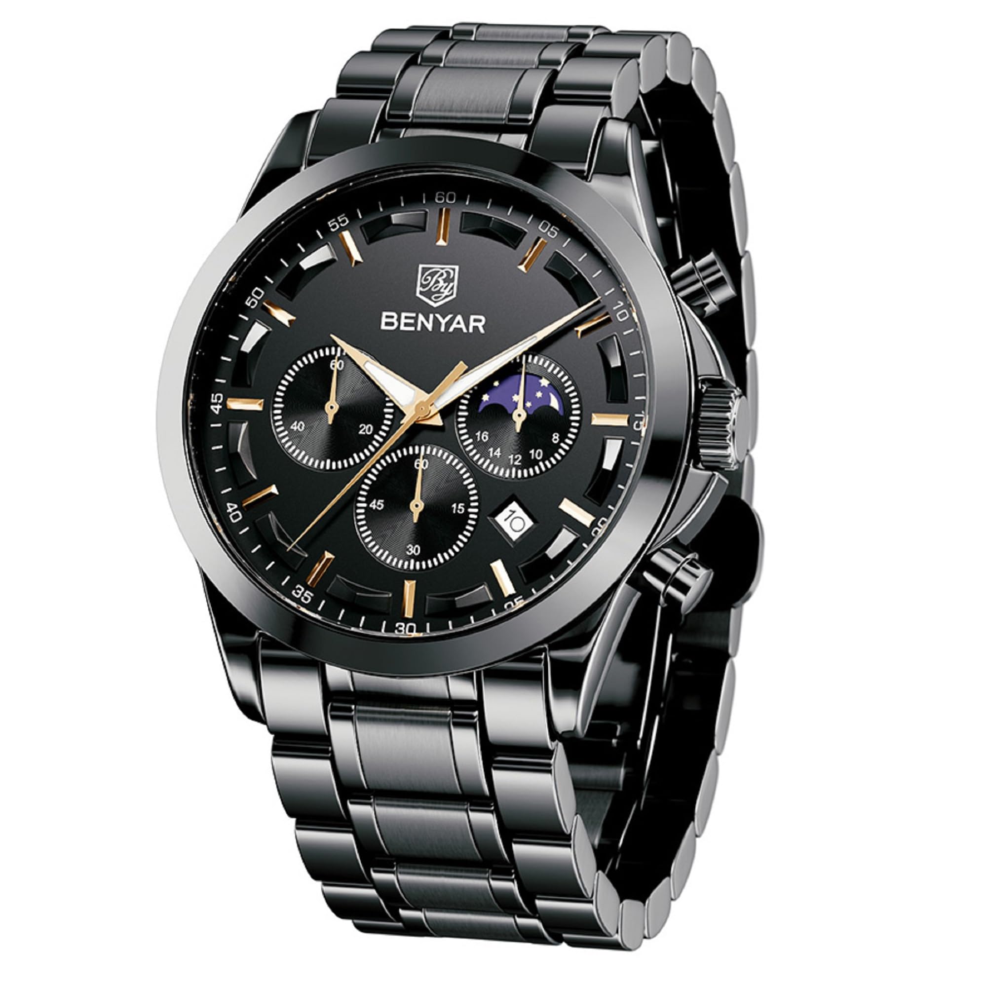 BY BENYARBENYAR Mens Watch Analog Quartz Movement Chronograph Stylish Casual Wristwatch with Stainless Steel Bracelets Waterproof Luminous Date Watches Elegant Gift for Men