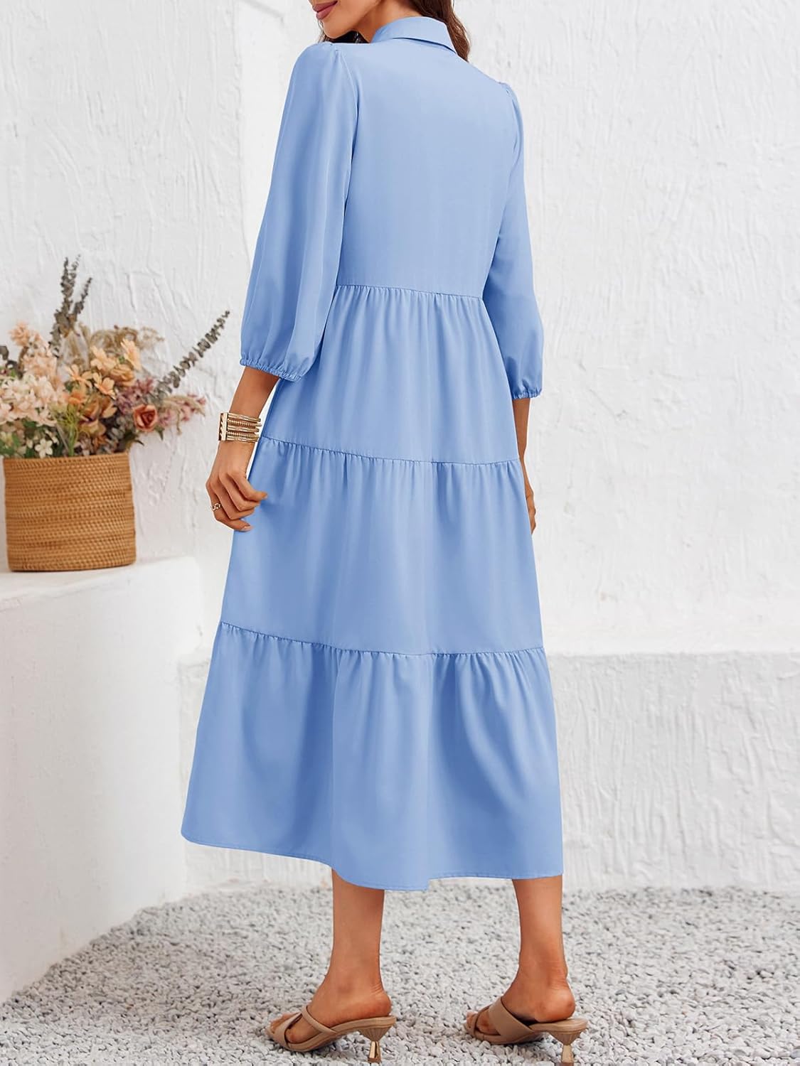 Wenrine Womens Casual 3/4 Sleeve Shirt Dress Button Down V Neck Tiered Collared Flowy Maxi Dress - Image 5