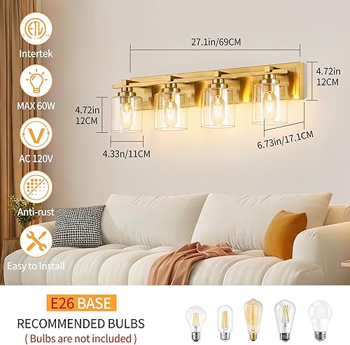 Miniatura 390 de 3 lámparas modernas de baño sobre el espejo, luces de tocador de oro negro para apliques de pared de baño con pantallas de vidrio blanco lechoso