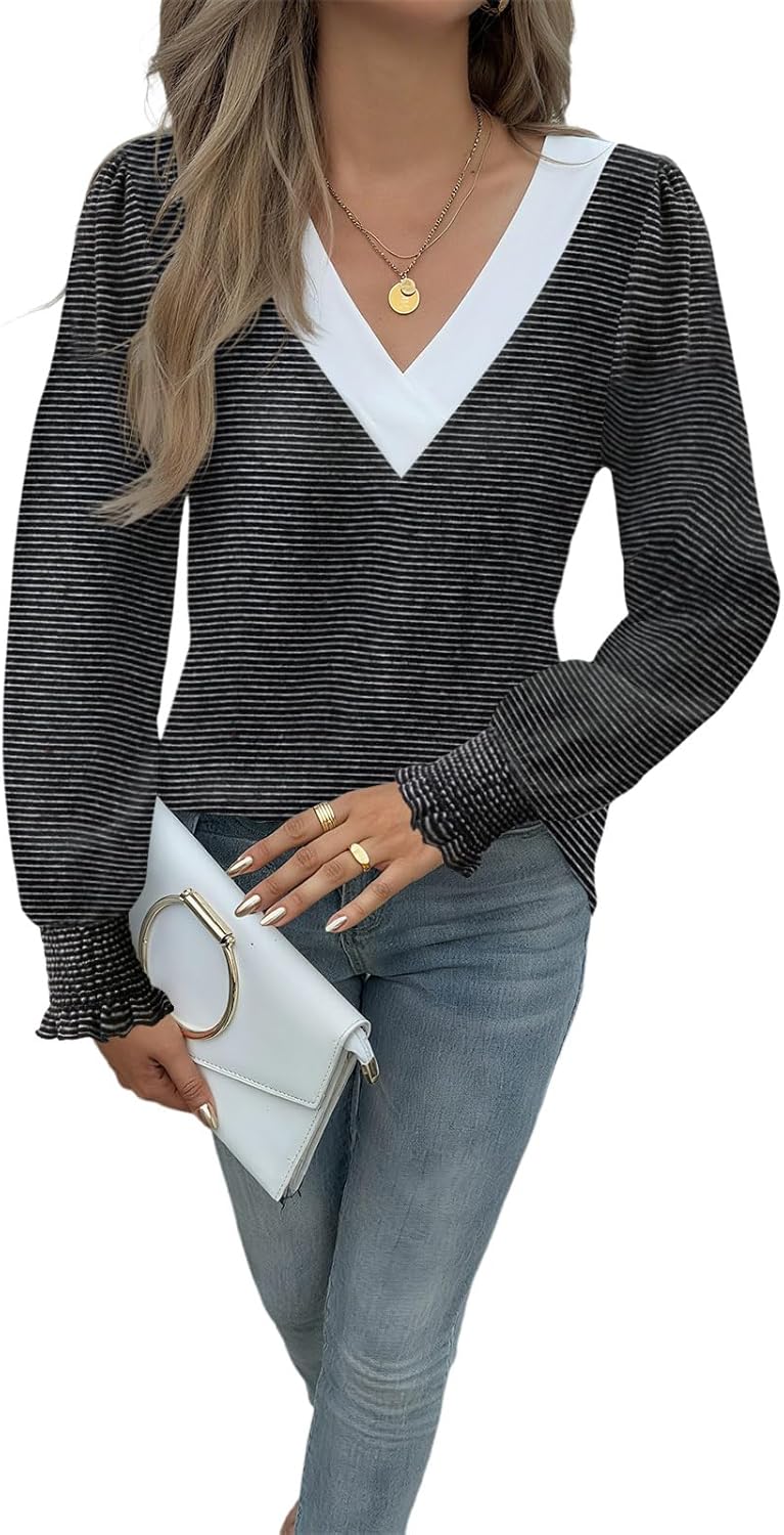 Yousify Women V Neck Striped Shirt Puff Ruffle Trim Long Sleeve Tunics Fall Basic Work Tops Casual Fleece Thermal Shirts - Image 2