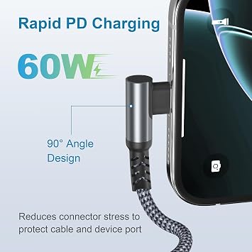 كابل شاحن Basesailor Short 1FT USB C إلى USBC 60W مع محول USB،سلك شحن سيارة PD سريع 90 درجة لهاتف iPhone 17 17e 16 15 Plus Pro Max،Airpods 4، MacBook،iPad 10 Air Mini 7th 6th Gen،Galaxy S26