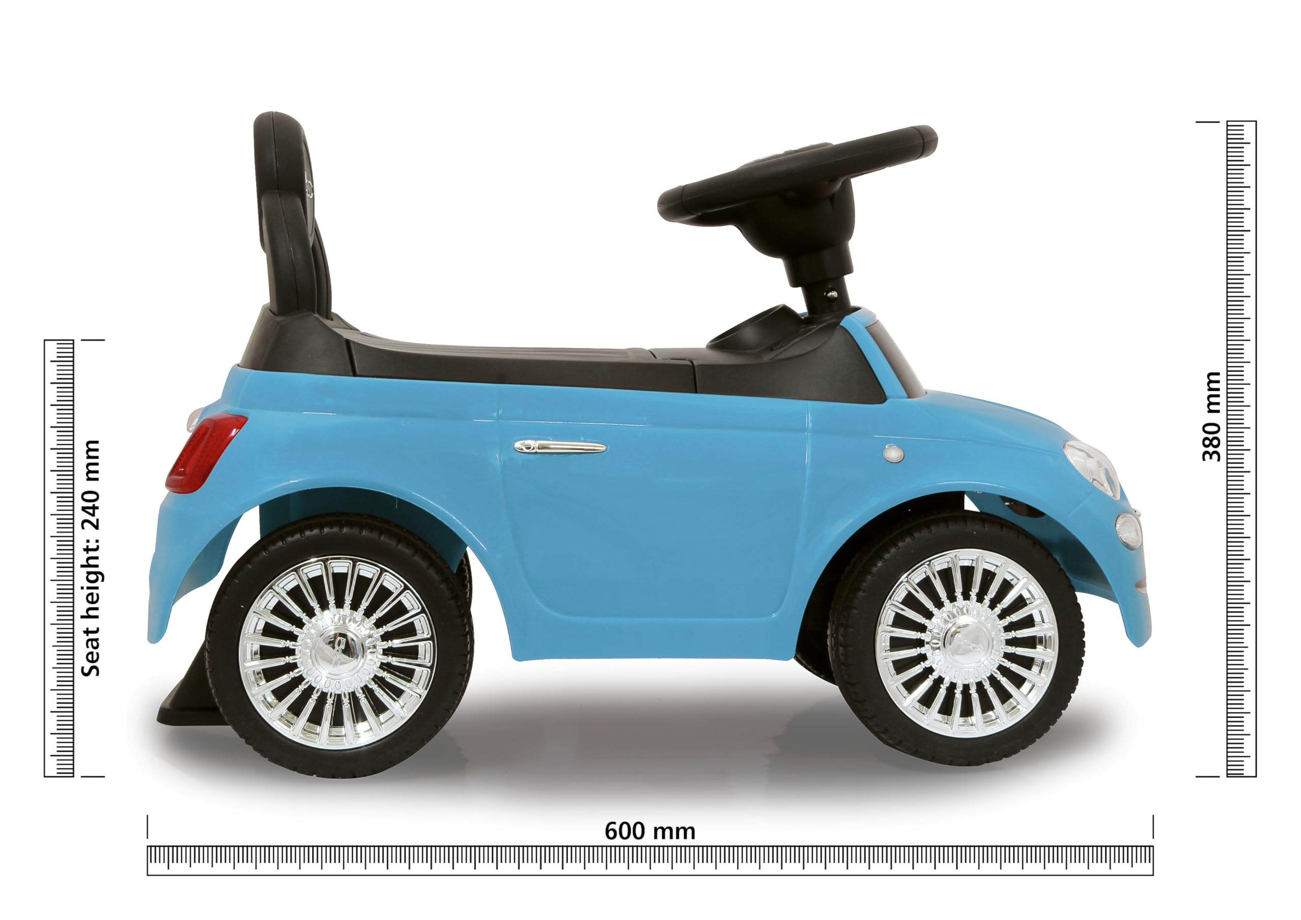Jamara 460327 - Push-Car Fiat 500 blu – Bagagliaio sotto il sedile, Maniglia per spinta e sostegno, Clacson, Protezione da ribaltamento