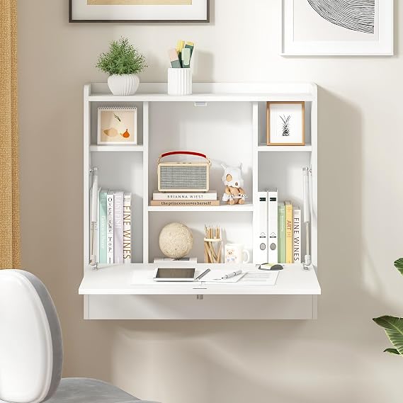 Wall Mounted Table Folding Desk,Drop Leaf Floating Table with 7 Storage Shelves,Computer Desk Home Office Desk Workstation for Small Space Study Bedroom Dining Kitchen Living Room (White)