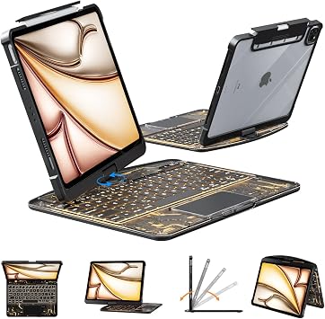 KARTICE Transparent Case with Wireless Keyboard for iPad Pro 11 Inch M4,2024, 7 Colors Backlight, Multi-Touch Trackpad, 360 Rotating Stand Case with Pencil Holder for iPad Pro 11