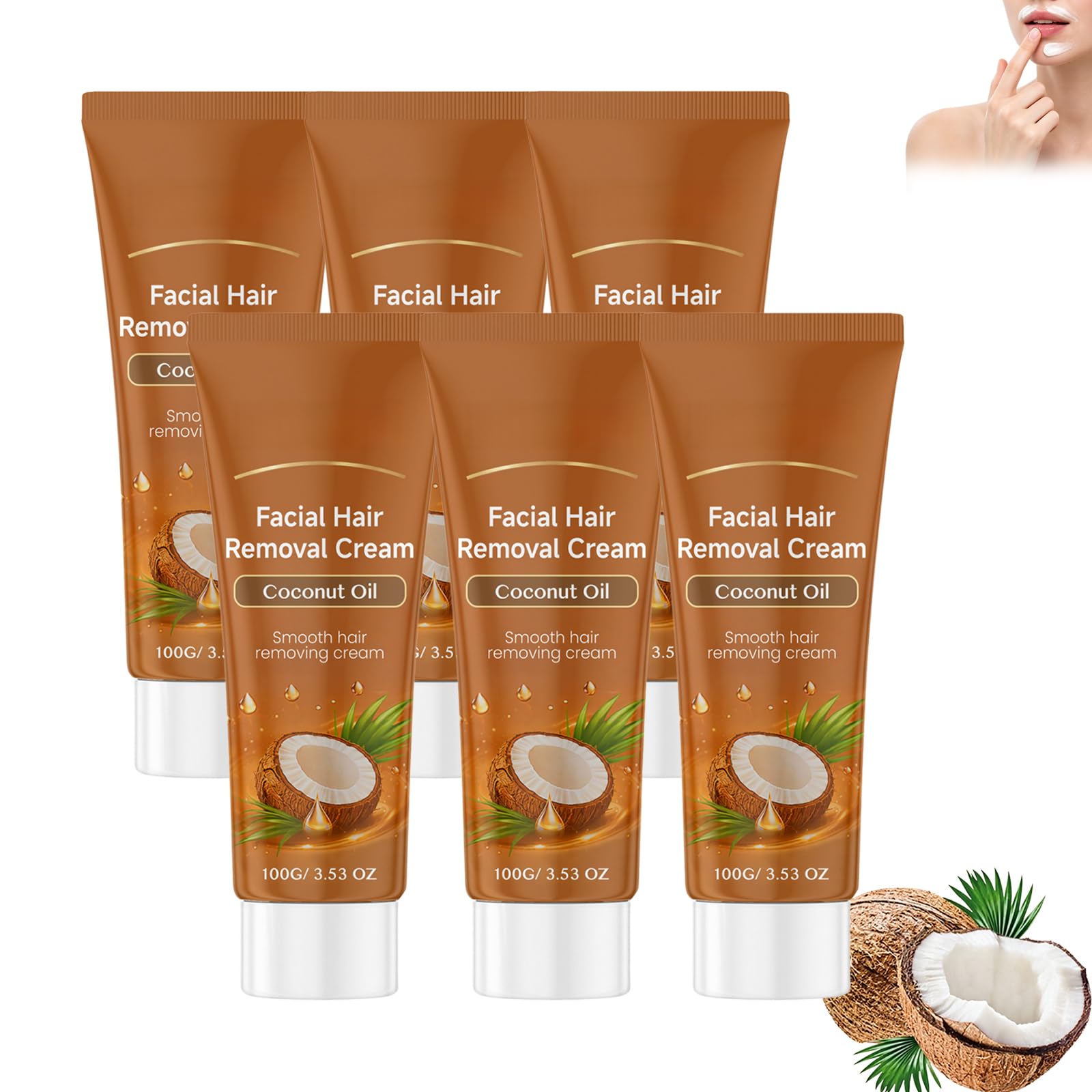 Crema de depilación facial de aceite de coco, cabello sin dolor, mujeres (6 unidades) | Espuma depilatoria suave para cara, barbilla y patillas, crema depilatoria de acción rápida para pieles sensibles