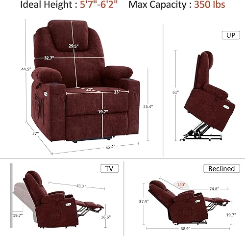 Miniatura 65 de MCombo Silla reclinable pequeña para ancianos, silla elevadora eléctrica pequeña con calor y masaje para personas mayores, portavasos, puertos USB y