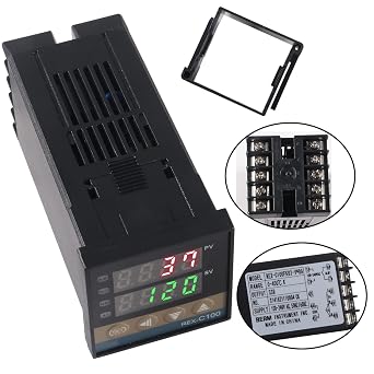 Digital PID Temperature Controller REX-C100 PID Thermostat Temperature Controller Digital REX C100 with 25DA SSR Relay K Thermocouple Probe RKC and Black Heat Sink