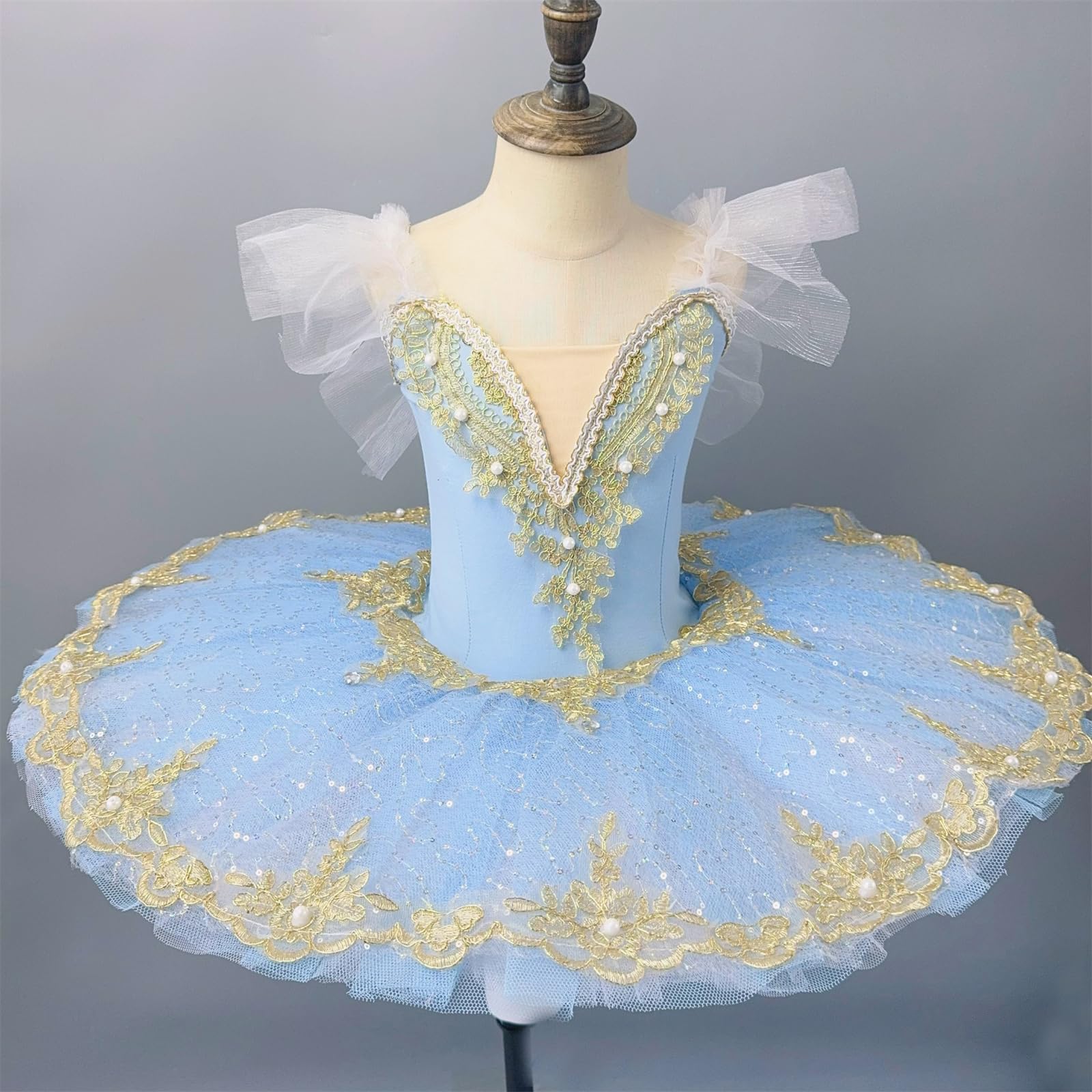 Filles Fleur Broderie Ballet Robe Enfants Manches À Volants Justaucorps De Danse avec Perle Tulle Jupe Ballerine Performance Costume pour Compétition Vêtements De Danse
