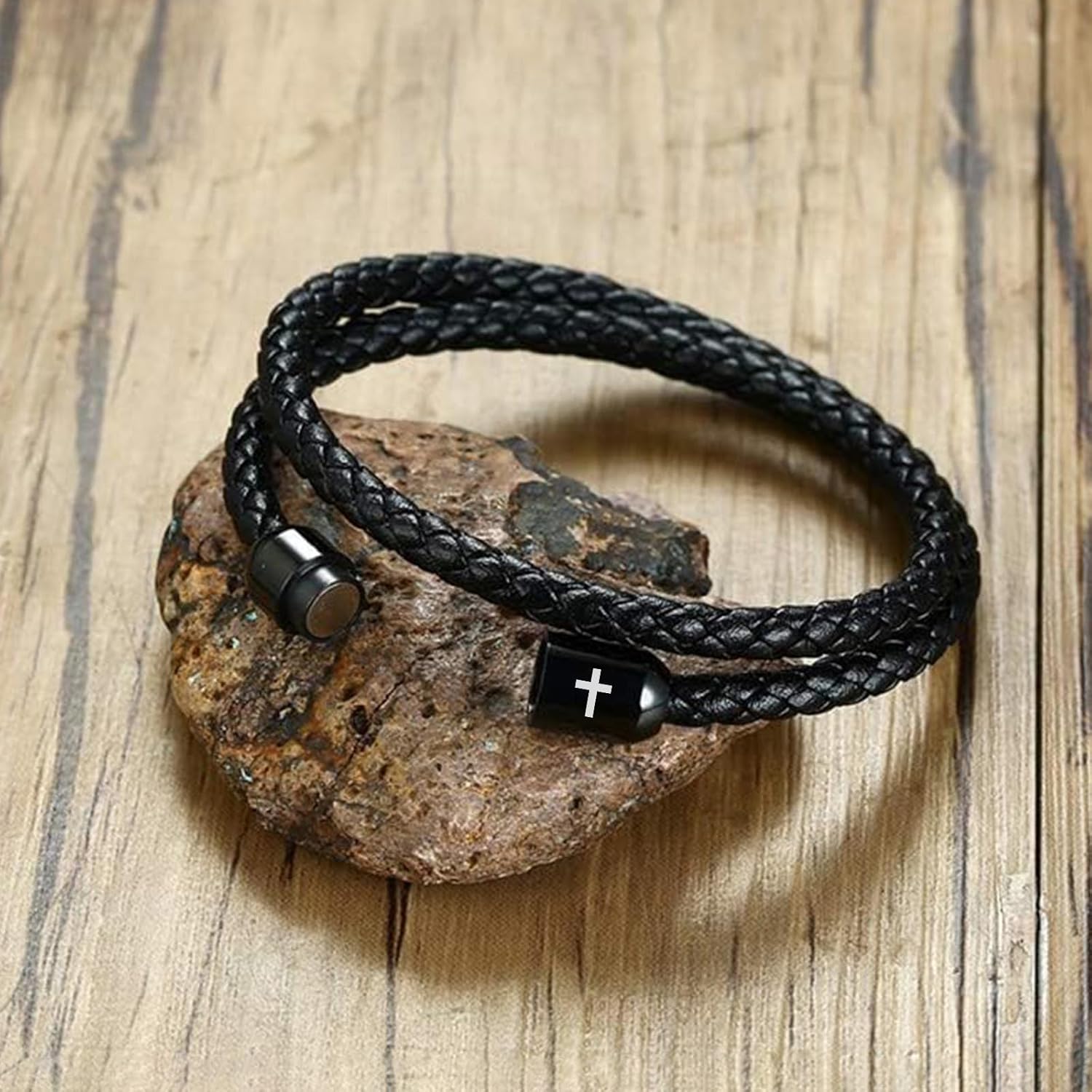 Leather Cross Bracelets for Men : Black Genuine Braided Double Wrap Jesus Cross Braided Leather Bracelets with Stainless Steel Clasp for Men Boyfriend,Christian Jewelry Gifts,8 Inches - Image 2