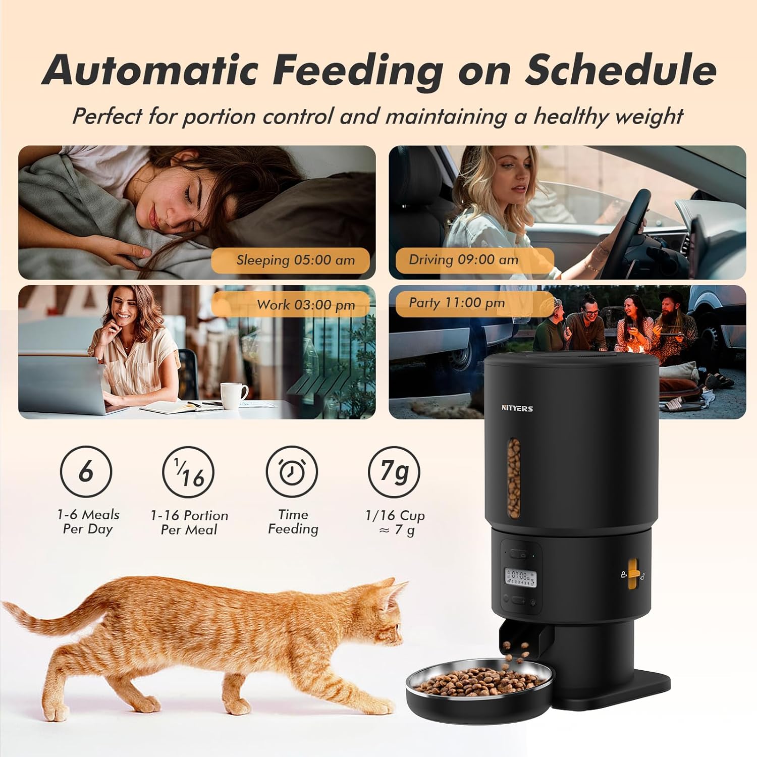Image showing the automatic feeder with a cat and various feeding schedule options