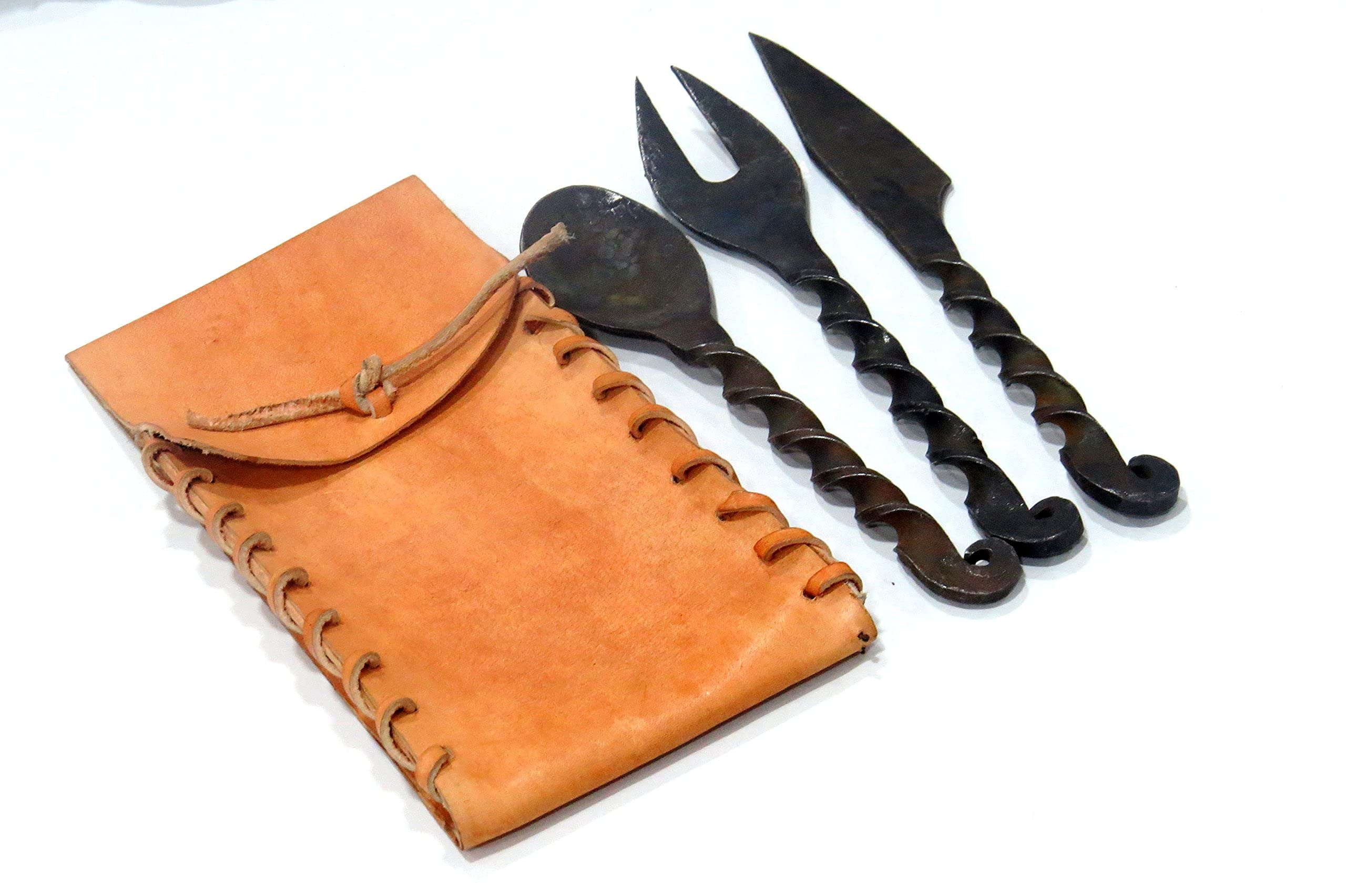 NauticalMart Hand Forged Medieval Eating Utensil Set of 4 Pieces Viking Style Twisted Cutlery Functional Feastware Dining Accessories with Easy Carrying Case (3rd Design)