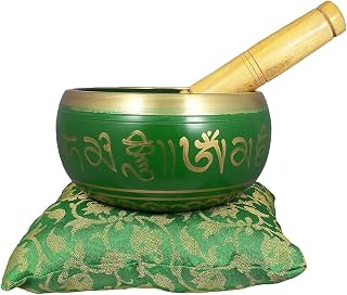 PR INTERNATIONAL Cuenco tibetano de oración con palo de madera y cojín, cuenco de meditación en color verde