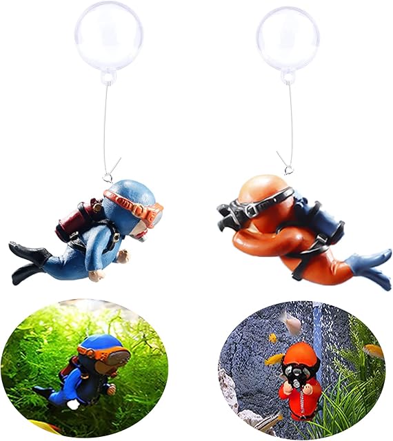 Xerteam 2pack Fish Tank Decorations, Aquarium Ornaments, Lovely Floating Decoratio, Little Diver Cartoon Fish Playmates, Diver With Floating Device Fish Tank Accessories (Orange, Blue)