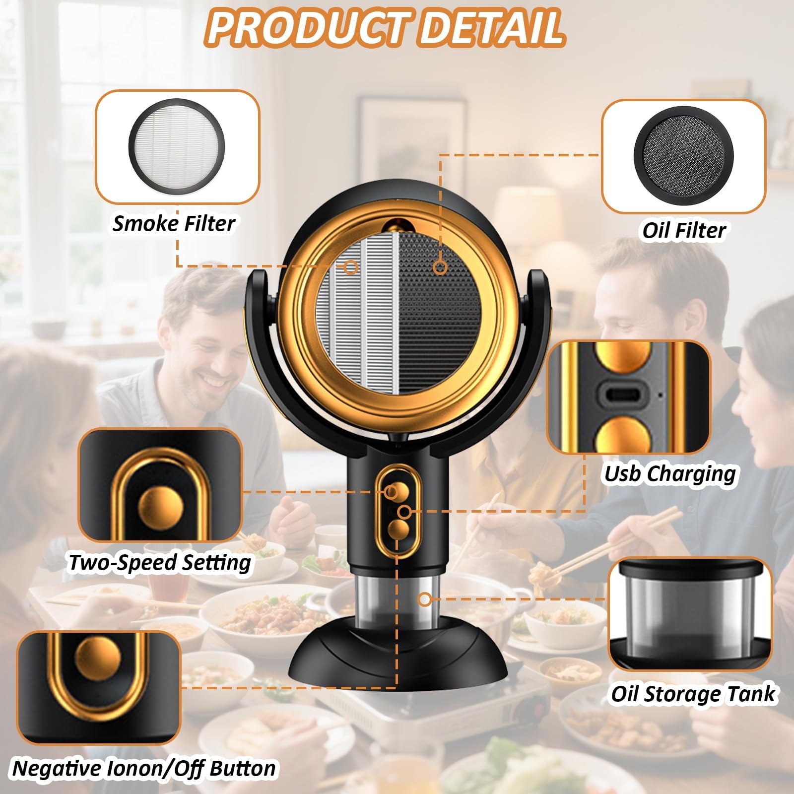 Mini cappa portatile, regolabile a 2 velocità, filtro rimovibile e lavabile, senza fili, per barbecue al coperto, hot pot, campeggio e affumicatura (oro)