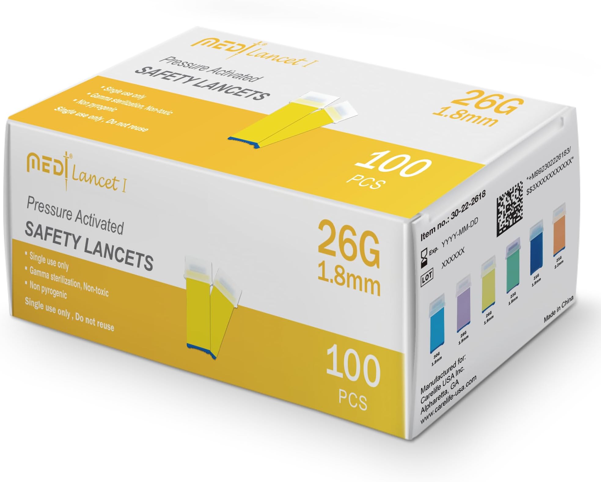 Medt - Pressure Activated Safety Lancets 26G x 1.8mm - Gamma Ray Sterilized, Ideal for Blood Testing, Single Use and Gentle for Comfortable Testing - Pack of 100
