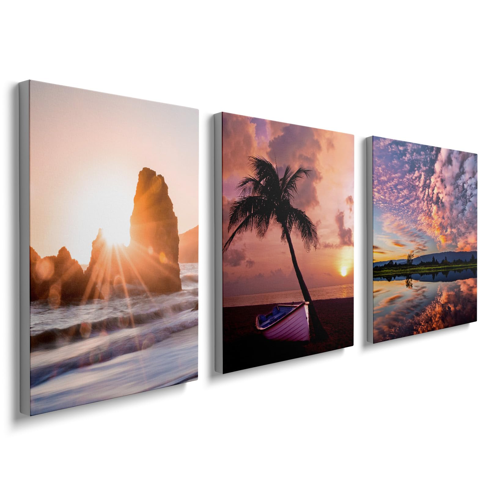 prinfantasy Canvas Wall Art Bathroom Pictures Sunset Paintings Ocean Landscape Wall Pictures Beach Paintings Modern Seascape Artwork for Living Room Office Home Decorations 30x40cm 3Pcs - Image 3