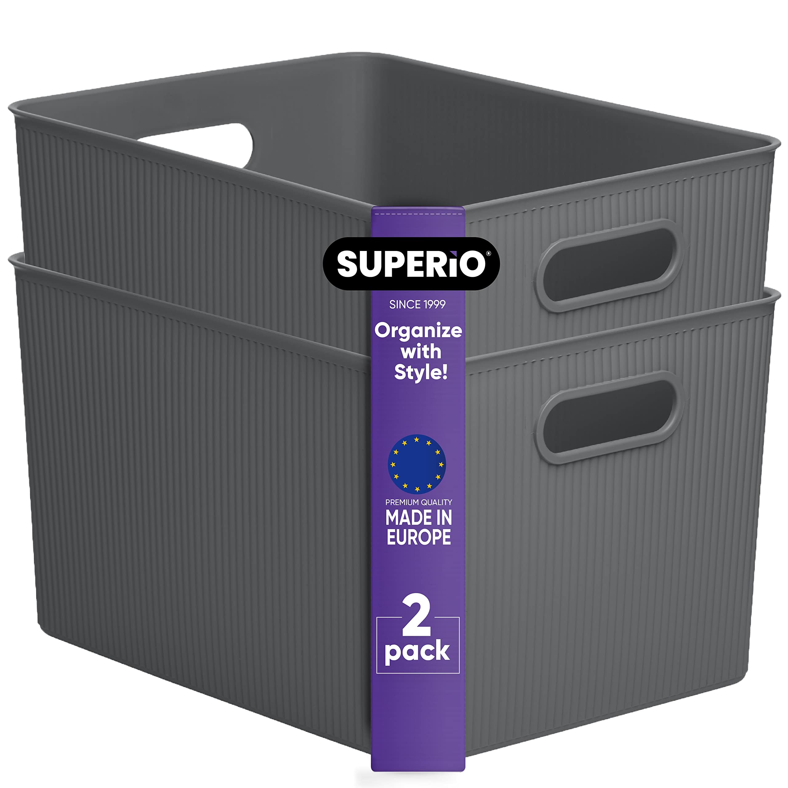 Photo 1 of ***DAMAGED - SEE NOTES/PICTURES*** Superio Ribbed Collection - Decorative Plastic Basket Open Home Storage Bins Organizer, X-Large Grey (2 Pack) Container Boxes for Organizing Closet Storage Bins for Shelves 22 Liter/23 Quart